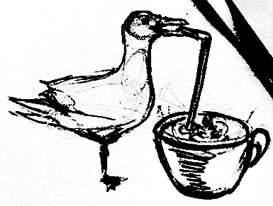 Illustration of a bird drinking Coffee by Ema